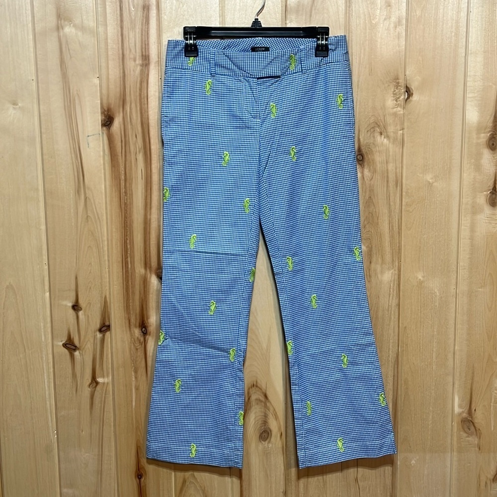 J. Crew Blue and White Gingham Seahorse Embroidered Low Fit‎ Pants Size 2